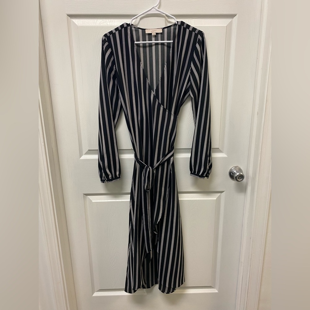 LOFT Black and White Wrap Dress with Bishop Sleeves